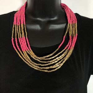Multistrand Gold Tone and Pink Necklace 7 Strands Seed and Long Beads 20-24"